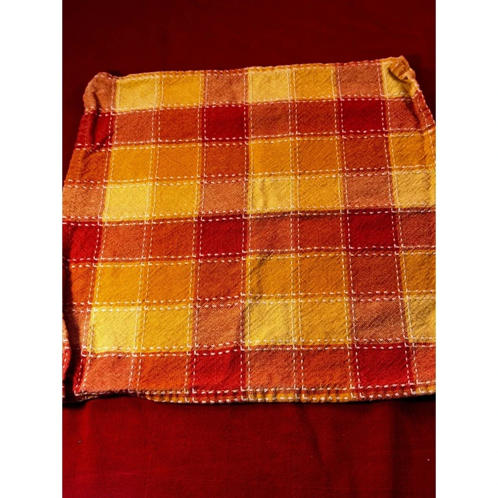 Set of 2 Plaid Cloth Napkins Orange Red Yellow Contrast Stitch 11x11 Boho Linens